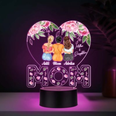 Personalized Mom with Two Daughters Acrylic LED Lamp with UV Print – Auto Color Changing Night Light Mother’s Day Gift